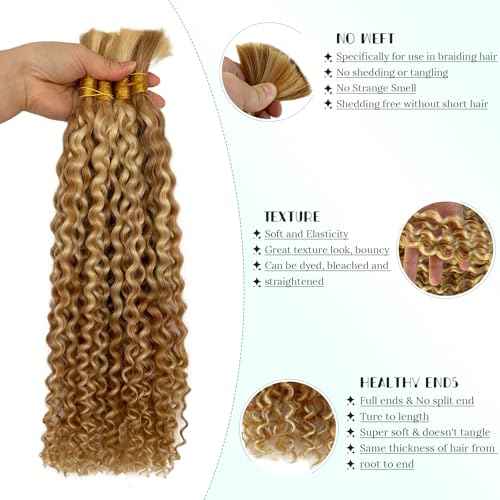 Ombre Blonde Water Wave Human Braiding Hair Highlights Colored Curly Braiding Human Hair No Weft Bulk Hair for Knotless Bohemian Box Braids Wet and Wavy Braiding Hair 100 Grams 22in