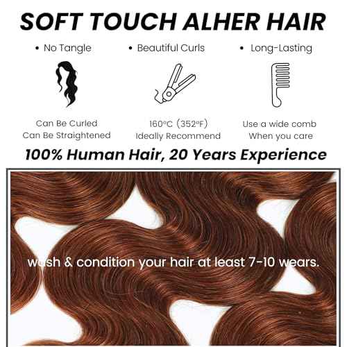 ALHER 33 Reddish Brown Body Wave Long Deep Part 2x6 Lace Closure, Copper Brown Colored 2x6 Kim K Closure Pre Plucked with Baby Hair, 12A 100% Brazilian Virgin Remy Human Hair for Black Women 14 Inch