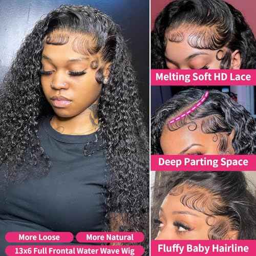 13x6 Lace Front Wigs Human Hair Water Wave 200 Density 13x6 HD Full Lace Frontal Wigs Pre Plucked Wet and Wavy Glueless Deep Curly Human Hair Wigs for Women Natural Black 22 Inch