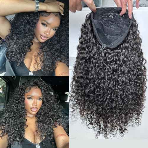 BLG Water Curly Half Wig Human Hair 250% Density 15A Messy Loose Curly 3 In 1 Seamless Half Wigs 18 Inch Quick Install Wear and Go Drawstring Wig Beginners Friendly Glueless Wigs Invisible Hairline