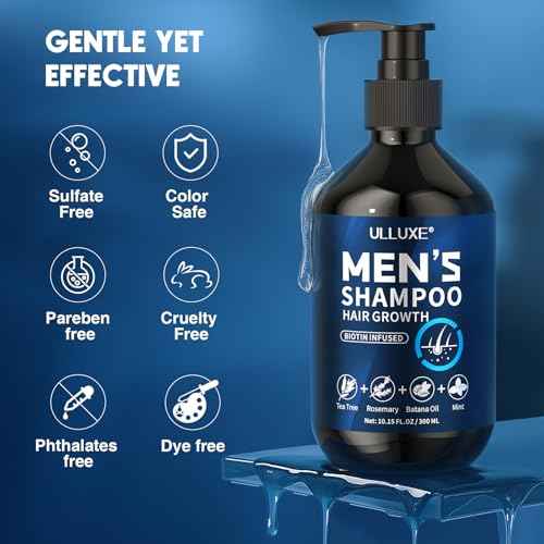 Biotin Hair Growth Shampoo for Men: Natural Mens Thickening Shampoo for Hair Loss and Thinning Hair, Infused Rosemary Oil Tea Tree Oil and Mint, Sulfate Free and Color Safe, 10.15 fl.oz