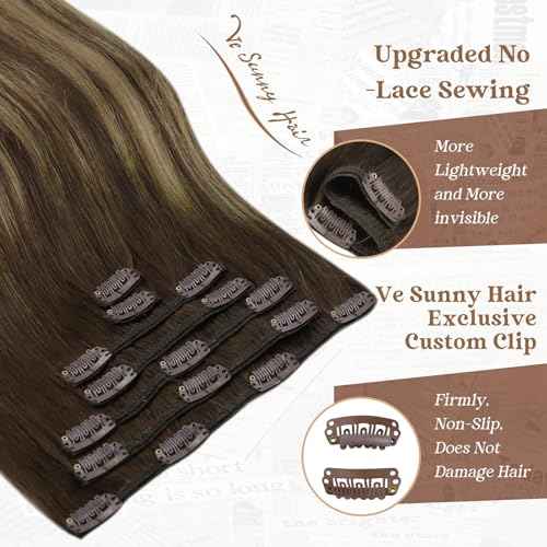 Ve Sunny Clip in Human Hair Extensions Dark Brown Balayage Caramel Blonde Human Hair Clip in Extensions 14inch Short Hair Extensions Real Human Hair Clip ins 100g 7Pcs