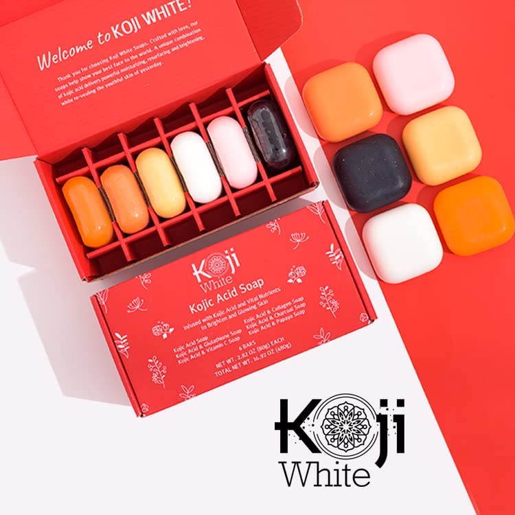 Koji White Kojic Acid & Hyaluronic Acid Skin Brightening Soap for Hydrating, Face Moisturizer, Skin Radiant, Cleansing Bar, Reduces the Appearance of Wrinkles with Vitamin E, Vegan, 2.82 Oz (2 Bars)