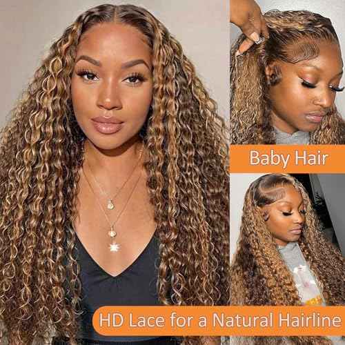 AKUZO Highlight Ombre Deep Wave Lace Front Wigs Human Hair 13x6 lace front wigs human hair Pre Plucked with Baby Hair 4/27 Honey Blonde wig for Black Women 200 Density 24inch