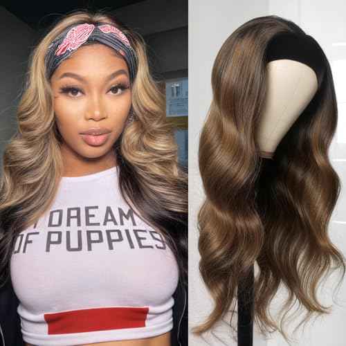 Body Wave Headband Wig Human Hair Highlight Ombre 22 Inch Glueless None Lace Front Wigs Brazilian Virgin Hair #4/27 Honey Blonde Headband Wigs for Black Women 150% Density