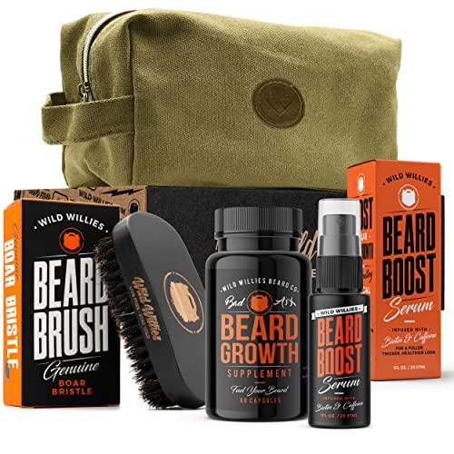 Wild Willies Beard Grooming Kit - Beard Growth Serum, Boar Bristle Brush, Supplement, and Travel Bag