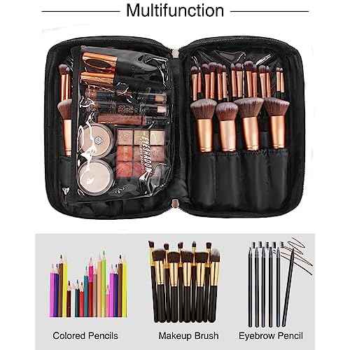 Relavel Makeup Brush Bag Large Makeup Brush Organizer Travel Makeup Artist Case with Detachable Clear Pouches, Professional Cosmetic Organizer Bag, Black