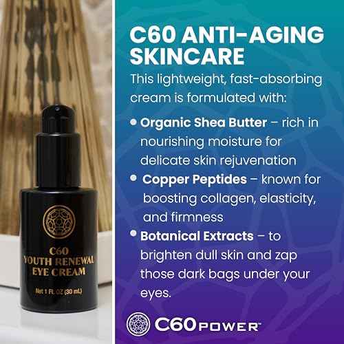 C60 Power Youth Renewal Eye Cream - Eye Cream for Wrinkles & Puffiness, Anti Aging Skin Care for Women & Men, With 99.99% Pure Sublimated C60, Copper Peptides, & High-Quality Ingredients - 1 fl oz