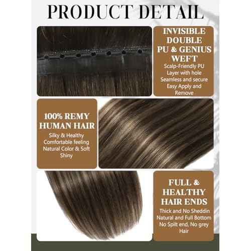 LOXXY OVO Butterfly Weft Hair Extensions Real Human Hair - 16 Inch 100g Invisible Darkest Brown to Chestnut Brown Highlights - Double Weft Bead in Hair Extensions, PU Hole Twin Tab Width 31.5"(80cm)