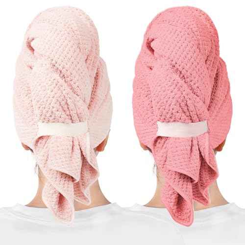 2 Packs Large Microfiber Hair Towels for Women, Super Absorbent & Quick Dry Hair Towel Wrap for Curly Long & Short Hair- Anti-Frizz Hair Turbans for Wet Hair£¨Coral Pink & Pink£© - 27.5''*39.4''