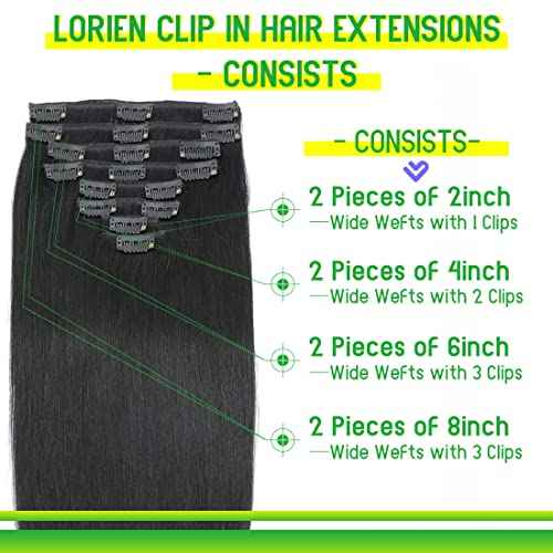 LORIEN Clip in Hair Extensions Real Human Hair, 24 Inch 120g, 1 Jet Black, Clip in 100% Brazilian Remy Human Hair Extensions 8pcs Per Set with 18 Clips Double Weft