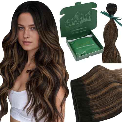 Ugeat Balayage Human Hair Weft Extensions 22 Inch Dark Brown Mix Chestnut Brown Hair Extensions Real Human Hair Sew in Wefts Long Straight Double Weft 100G