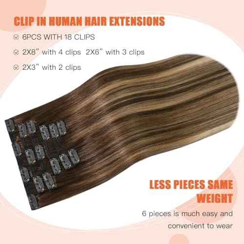 Balayage Hair Extensions Real Human Hair, Ombre Medium Brown Fading to Caramel Blonde 18 inches 120g Highlights 100% Human Hair Natural Straight Woman Beauty Clip ins #4/27/4