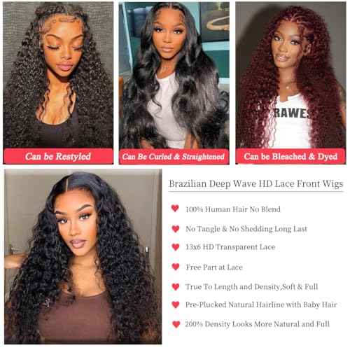 13x6 Deep Wave Lace Front Wigs Human Hair 200 Density 24 Inch Curly Wig 13x6 HD Lace Front Wigs Human Hair Glueless Wigs Human Hair Pre Plucked for Black Women Natural Color