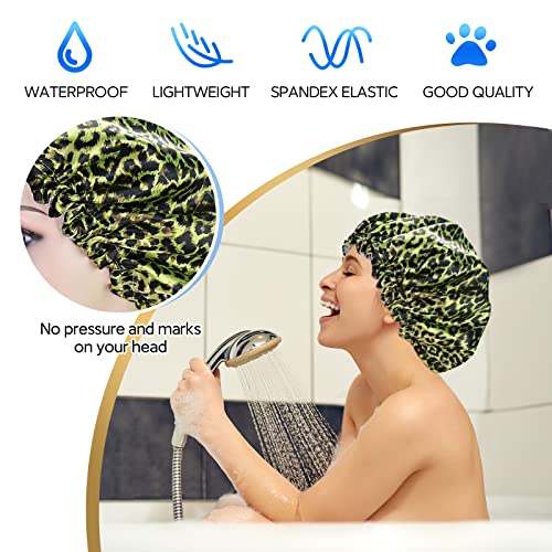 Fishent Shower Cap, Large Shower Caps for Women Reusable Double Layer Waterproof, Adjustable Extra Large Shower Cap for Long Hair and Braids（Red Leopard)