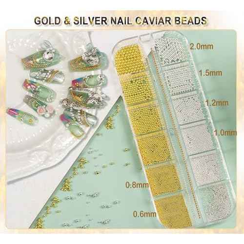 4390pcs Gold Nail Charms Caviar Beads for Nails, 2 Box Silver & Gold Beads for Nails and Flatback Pearls for Nail Art Supplies, Chloe Golden Caviar Chain for Nail Decals Jewelry Accessories
