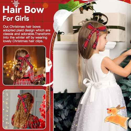 2PCS Christmas Hair Bows for Girls Red Plaid Hair Bow Clips Xmas Hair Accessories for Toddlers Kids Teens Children Girls Women