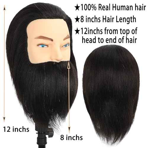 Male Mannequin Head with Beard 100% Human Hair Haircut Manikin Head for Cosmetology Straight Thick Hair Doll Head with Human Hair with Stand Practice Cutting Styling