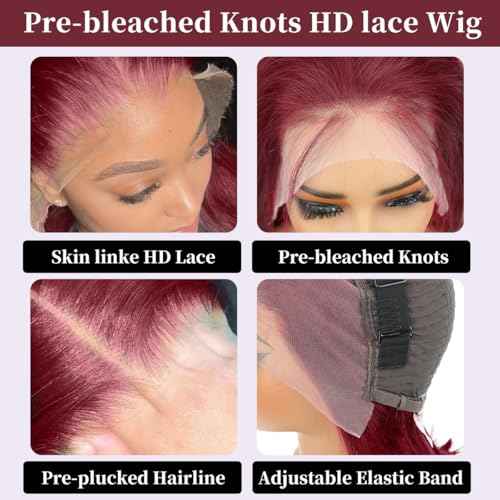 LICHANG 99J Burgundy Bob Wig Human Hair 200 Density 13x4 HD Transparent Straight Lace Front Wigs Human Hair Short Bob Wig Pre Plucked With Baby Hair Natural Hairline Glueless Wig Wine Red 12 Inch