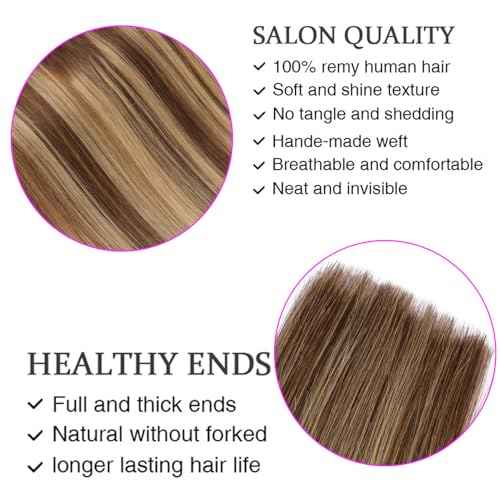 ORIGEN Clip in Hair Extensions Real Remy Human Hair Chocolate Brown to Caramel Blonde Highlights Straight Hair for Women 7pcs 120g 16 Inches