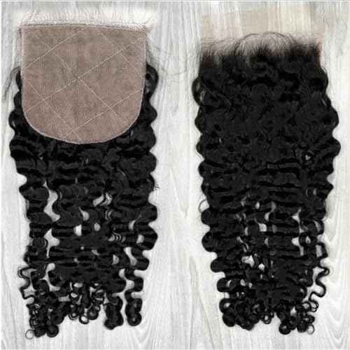 Burmese Curly Silk Closure 4"x4" Silk Base Lace Human Hair Top Full Closure Piece Hidden Knots Free Part Raw Hair 20" inch Natural Black 1b