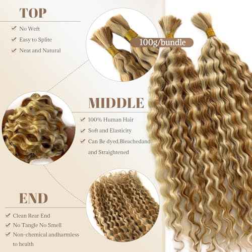 Boho Braids Blonde Human Braiding Hair Deep Water Wave Bulk Human Hair 100g 24 Inch Curly for Boho Braids Hair Extensions No Weft 2 Bundles/Pack for Women Ombre Honey Blonde to Bleached Blonde
