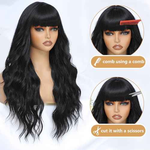 MINLEE Black Wig with Bangs for Women 26 Inch Long Wavy Wig Natural Black Hair Wigs Heat Resistant Synthetic Wig for Daily Party Use