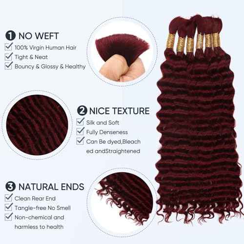 99j Burgundy Human Braiding Hair for Boho Braids,150g 22 inch 6 Bundles Burgundy Deep water Wave Bulk Boho Curly Human Hair for Braiding,Wine red No Weft Wet and Wavy Braiding Hair Extensions