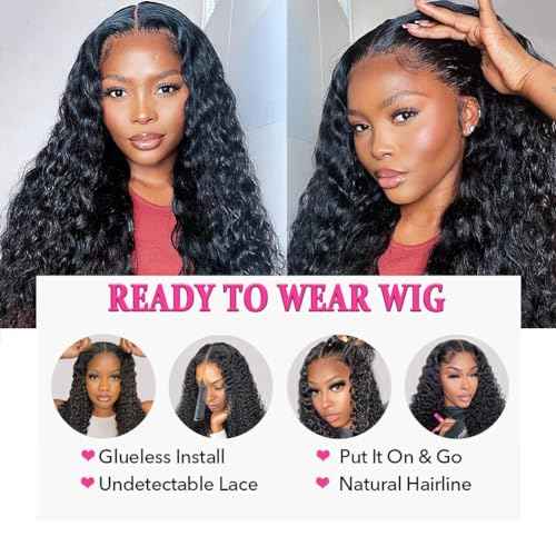 kiss love Glueless Wigs Human Hair Pre Plucekd with Baby Hair 180% Density Deep Wave Closure Wigs Human Hair Glueless Wig with Elastic Band 4x4 Curly Wigs for Women (20Inch)