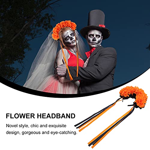 Beaupretty Halloween Wreath Headband Day of the Dead Flower Crown Festival Headband Rose Mexican Floral Headpiece with Ribbon for Women Girls Red Black