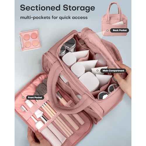 HOTOR Travel Toiletry Bag - Wide-Open Toiletry Bag for Women, Multi-Pocket Makeup Bag for Travel Essentials, Wet & Dry Separation Travel Accessories for Trip, Gym, 12.6" x 6.3" x 8.9", Dark Pink