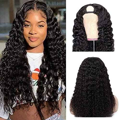 U Part Wigs Human Hair for Black Women Deep Wave Human Hair Brazilian Hair Full Head Clip in Half Wig V Part Glueless Wigs Human Hair Pre Plucked U Shape Wigs (Natural Black, 18 inch)