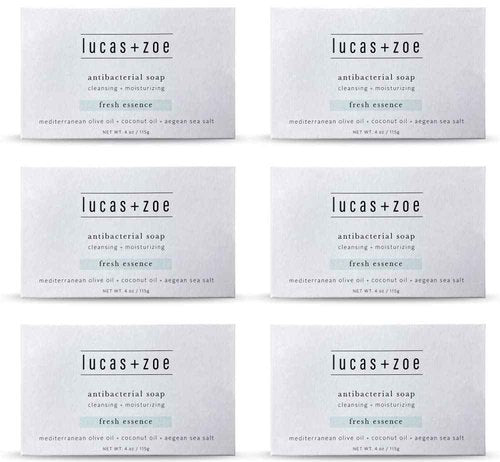 Lucas + Zoe Fresh Essence Antiseptic Bar Soap - 4 Ounce Moisturizing Body Soap Bar Made With Natural Ingredients Like Mediterranean Olive Oil, Coconut Oil, & Aegean Sea Salt - Made In Greece - 6 Pack
