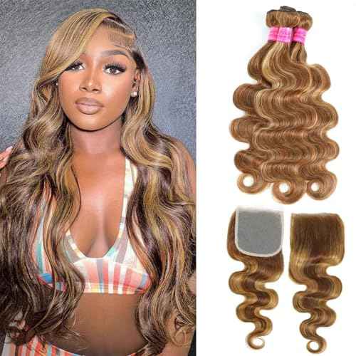 Vallbest Ombre Human Hair Bundles with Closure 16 18 20 +14 Inch Highlight Bundles Human Hair 4/27 Brown Body Wave Blonde Bundles with 4x4 Closure 12A Brazilian Virgin Remy Weave Raw Hair Extensions