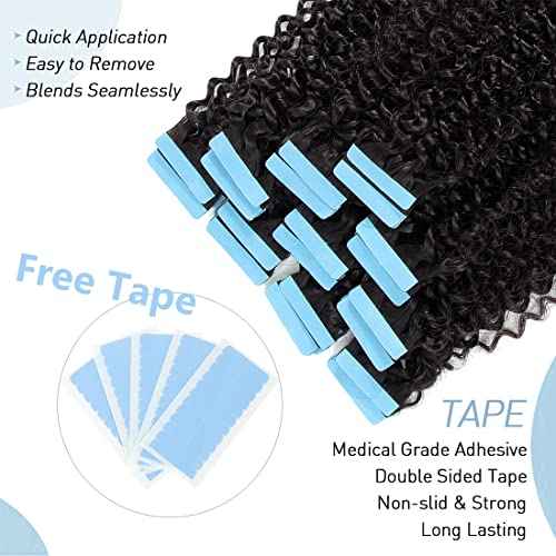 Urbeauty 40 Pcs Kinky Curly Tape in Hair Extensions - Human Hair, Black, Semi Permanent, Invisible Tape Attached