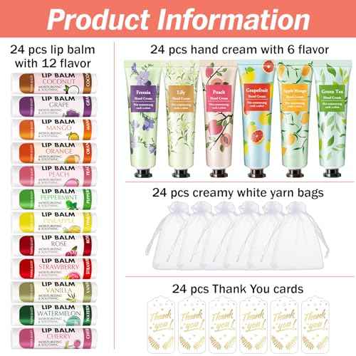 AZEN 24 Sets Bulk Gifts, Hand Cream and Lip Balm Bulk Set with Organza Bag Thank You Card, Baby Shower Wedding Gifts for Guests, Bridal Wedding Favors for Guests, Thank You Gifts for Women