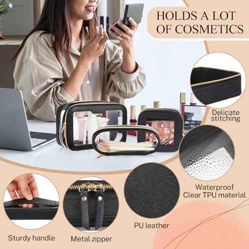 4 Pcs Leather Clear Makeup Bags Set for Women Travel Clear Cosmetic Case Toiletry Bags with Zipper Makeup Brush Case Waterproof Organizer Storage for Women Men Travel Accessories, 4 Sizes(Black)