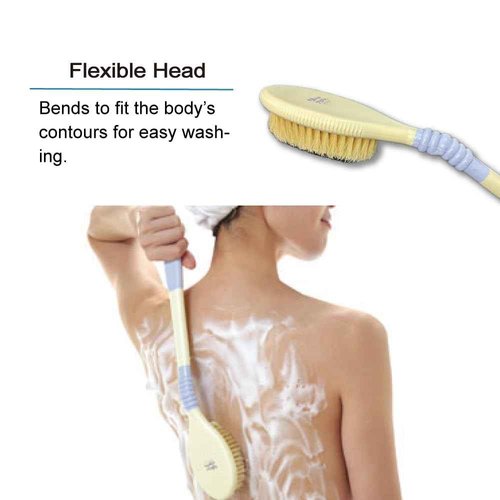 Back Scrubber for Shower [Made in Japan] Flexible Head Wet or Dry Brushing Body Brush, Natural Boar Bristle, Long Handle Exfoliating