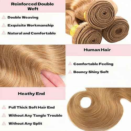 Honey Bundles Brown Human Hair Body Wave 16 18 20 Inch Body Wave Human Hair Weave 3 Bundles Silky Hair Bundles Brazilian 3 Bundles Human Hair Extensions for Women Deals 27 Color Bundles