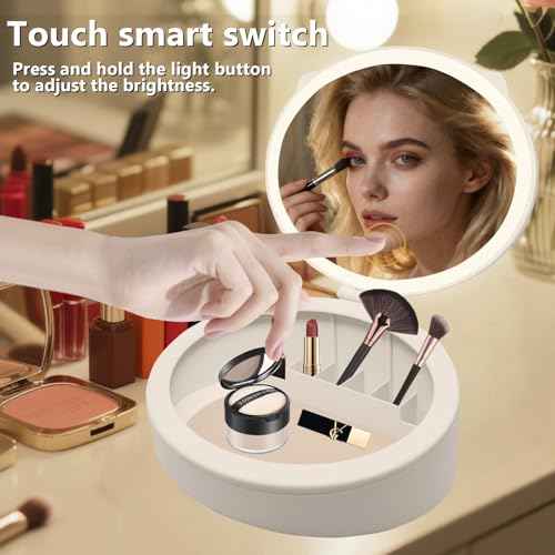 Makeup Mirror with Light, 4K high-Definition Touch Screen Travel Vanity Mirror with 3 Types of Lights, USB Charging, Detachable 3-inch 10x Magnifying Glass (White)