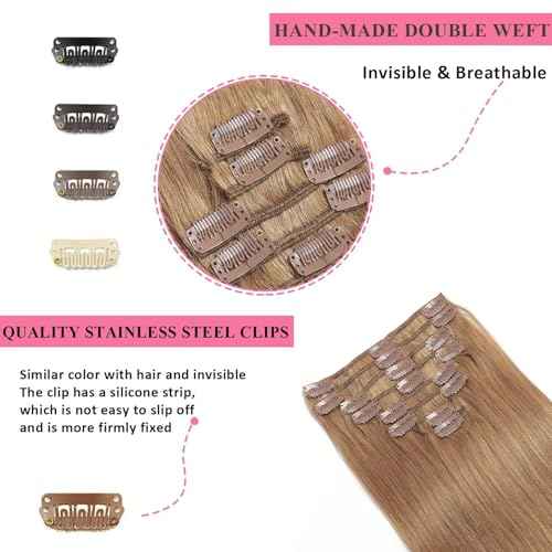 Clip in Hair Extensions Real Human Hair 4.3oz/120g Clip ins 100% Brazilian Remy Human Hair Extension for Women 8pcs Per Set with 18 Clips Double Weft (24 Inch #27 Honey Blonde)