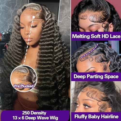 Deep Wave 13x6 Hd Lace Front Wig 250 Density Deep Wave Wig 20 Inch, Pre Plucked,Giving Realistic Look,Seamless Hairline For An Effortless Slay on Vacation