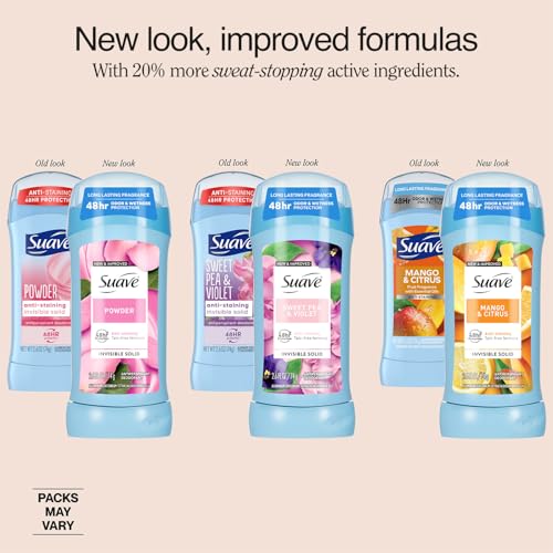 Suave Antiperspirant Deodorant for Women Variety 4-Pack ? Powder, Tropical Paradise, Coconut Kiss, Sweet Pea & Violet, Anti-Staining Invisible Solid, Talc-Free, 1.2 Oz Ea