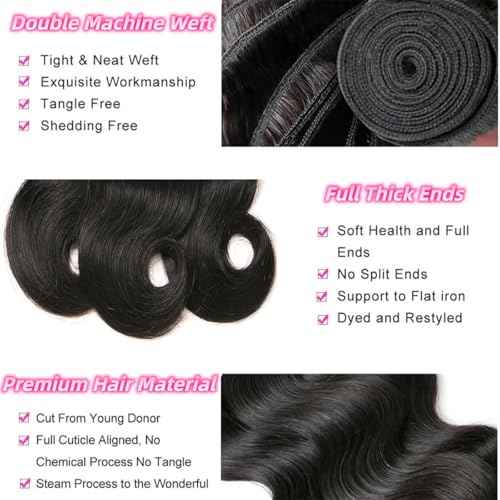 Body Wave Bundles Human Hair 4 Bundles 12a Natural Black Bundle Human Hair 100% Brazilian Hair Bundle Quick Double Weft Weave Hair Extensions For Woman 16 18 20 22 Inch
