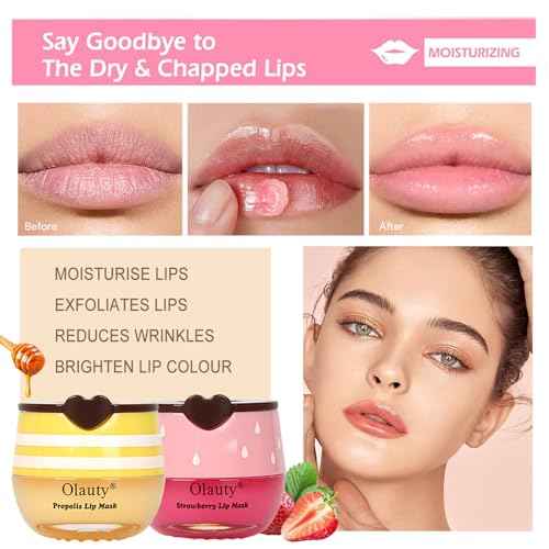 3 PCS Bee Lip Mask Honey Pot Lip Balm,Strawberry Watermelon Lip Mask Overnight Hydrating Dry and Crack Lip Scrubs Exfoliator Propolis Lip Sleeping Mask (Strawberry & Watermelon & Honey)