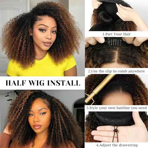 Half Wig Human Hair Glueless Kinky Curly Style 200% Density Ombre Highlight Invisible Hairline Beginner Friendly Seamless Clip Ins Flip Over None Lace Front Wigs (12 Inch)