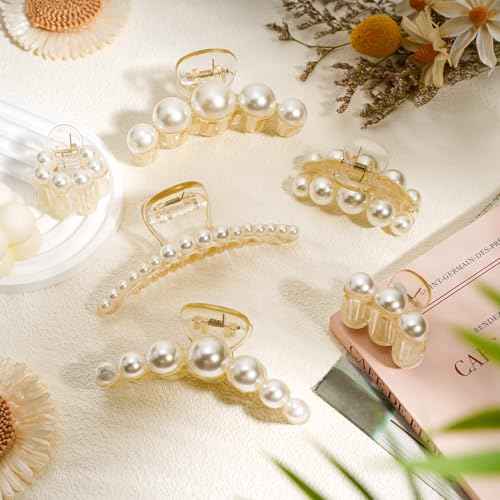 Leezmark 6 PCS Pearl Hair Clips, Wedding Hair Clip for Thick Long Thin Curly Hair White Fancy Big Claw Clips Hair Accessories for Women, Girls