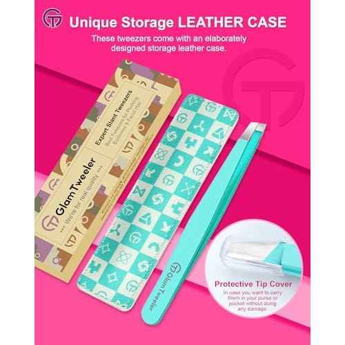 Expert Eyebrow Hair Removal Tweezer with Leather Case, GlamTweeler High Precision Slant Tip Stainless Steel Tweezers for Men and Women (Robin's Egg Blue)