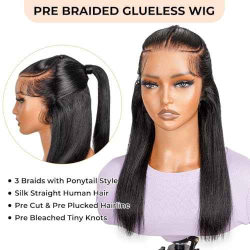 Ali Pearl Wigs Half Up Half Down Straight Lace Front Wigs Human Hair 13x4 HD Glueless Bob Wig Human Hair Pre Plucked Pre Cut For Black Women Short Bob Wigs 180% Density Pre Braided Wig 12 Inch