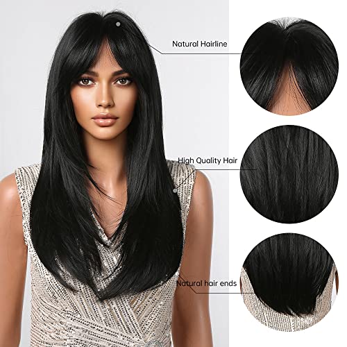 testar Black Wigs For Women Long Straight Black Wigs With Curtain Bangs Synthetic Heat Resistant Layered Wig Natural Looking Wigs For Daily Party Use 24 Inch